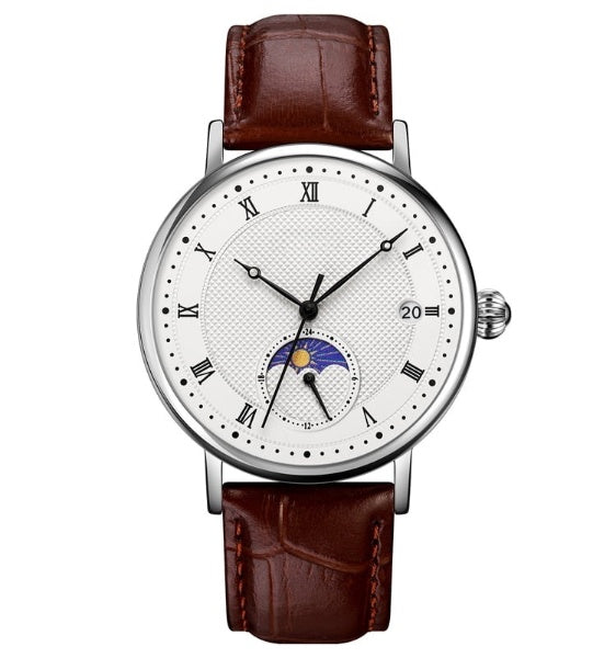 Elegant Quartz Watch with Moon Phase - Leather Strap