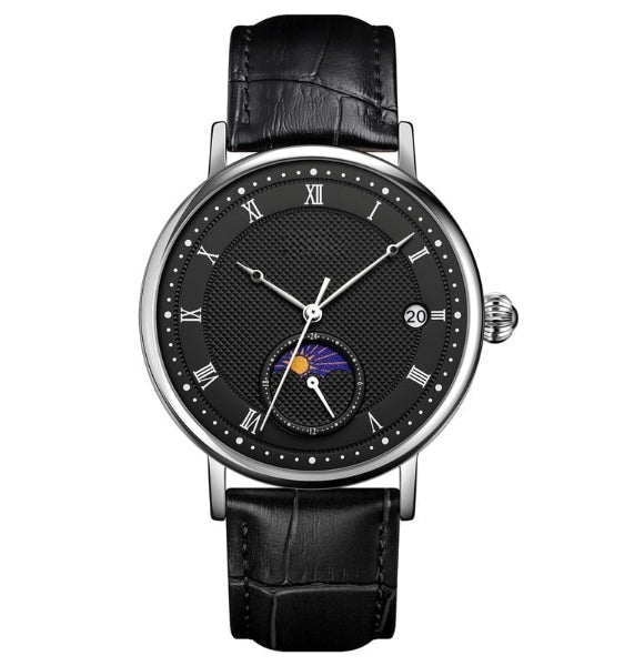 Elegant Quartz Watch with Moon Phase - Leather Strap