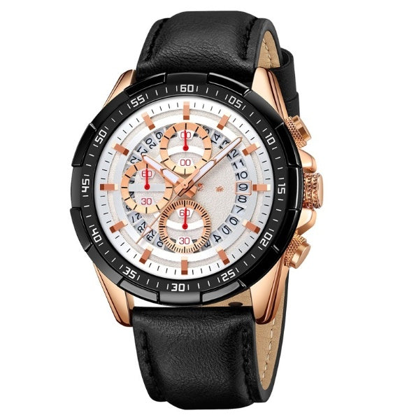 Elegant Quartz Waterproof Watch - Leather Strap, Stopwatch